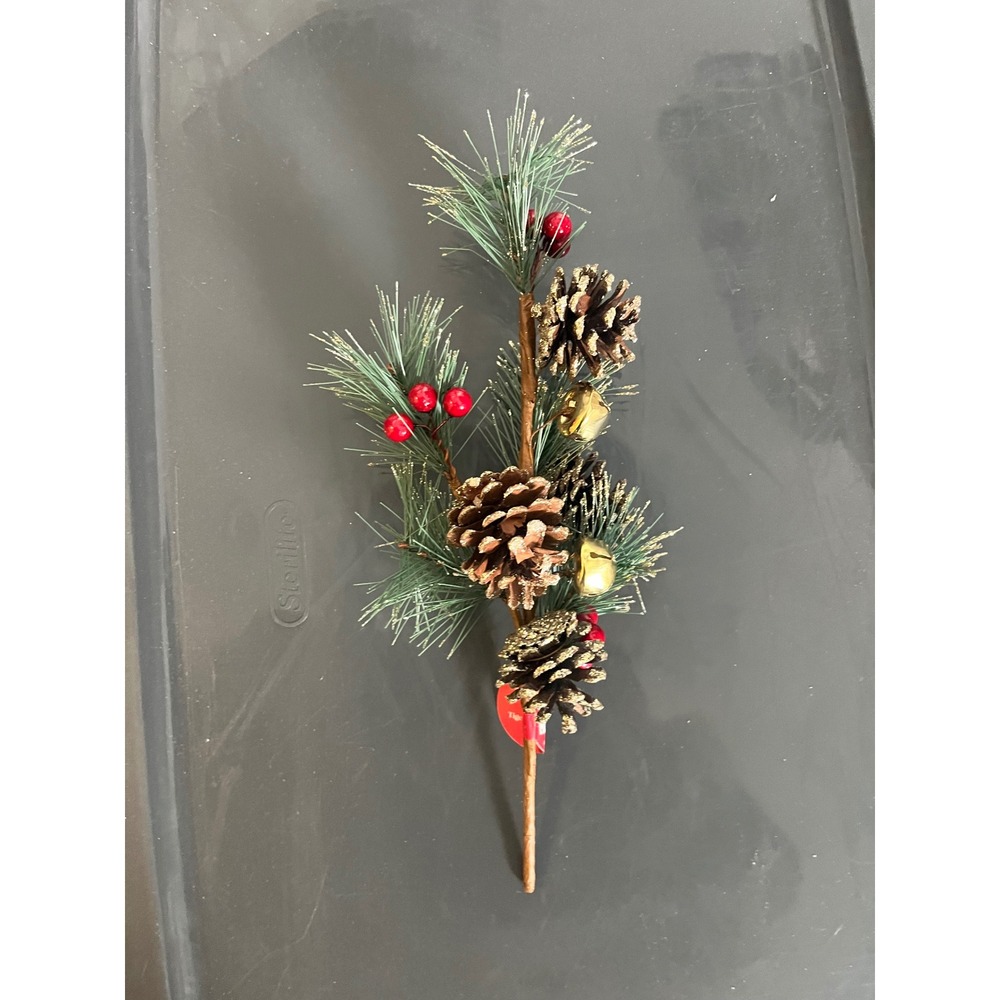Artificial‎ Christmas Pine Sprig with Pinecones Berries and Bells Ornament